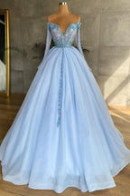 Long Princess Sweetheart Tulle Formal Prom Dress with Sleeves