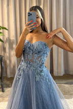 Long A-Line Sweetheart Appliques Lace Tulle Prom Dress