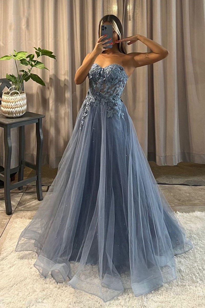 Long A-Line Sweetheart Appliques Lace Tulle Prom Dress