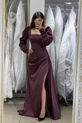 Vestido de Noche Largo Sin Tirantes de Seda con Mangas Abullonadas y Cola de Sirena con Abertura