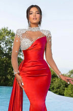 Long Sleeves High Neck Burgundy Mermaid Evening Dress with Trail