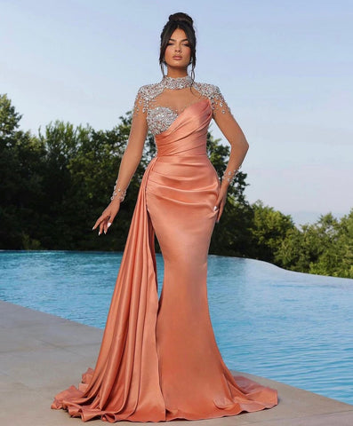 Long Sleeves High Neck Burgundy Mermaid Evening Dress with Trail