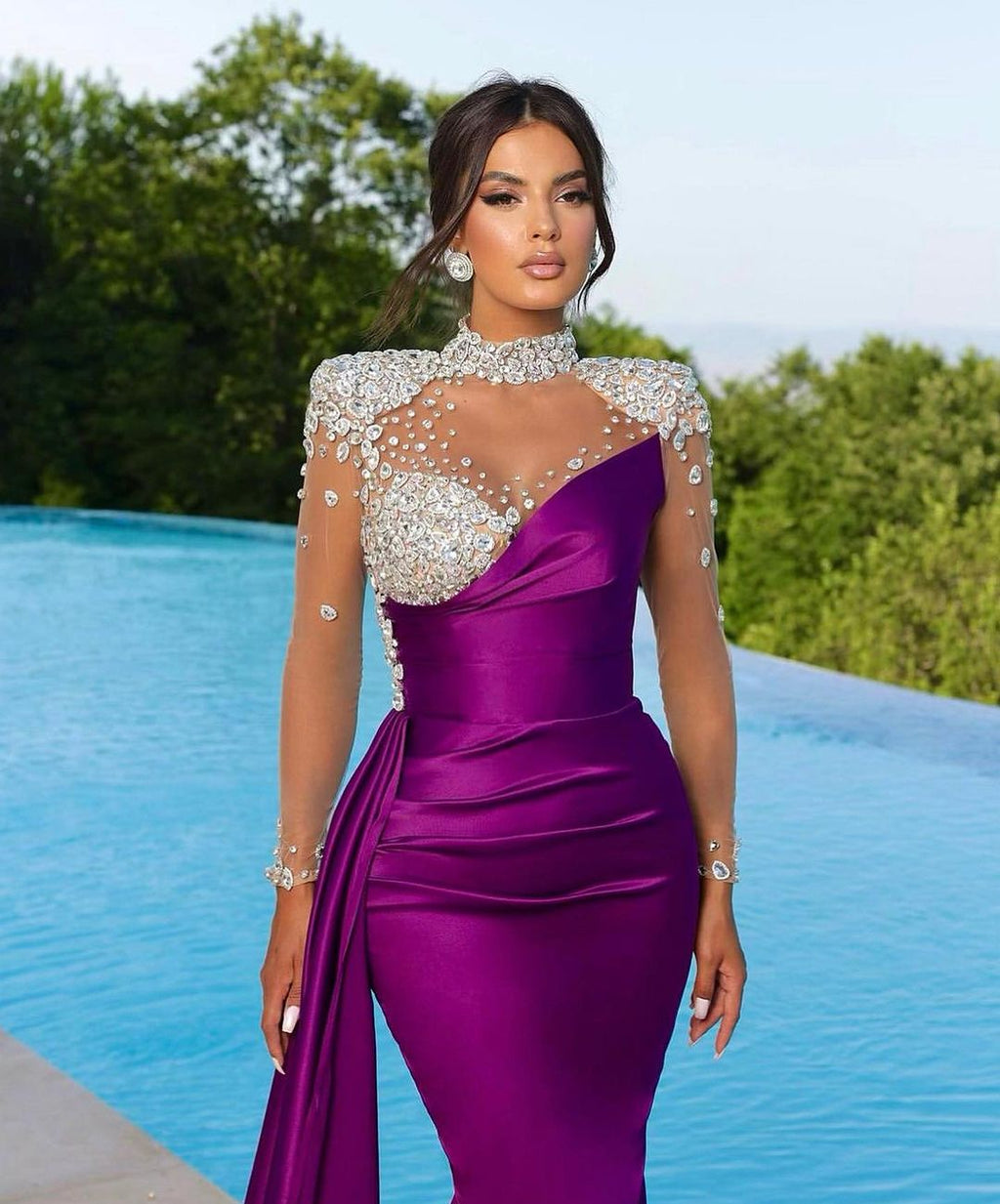 Long Sleeves High Neck Burgundy Mermaid Evening Dress with Trail