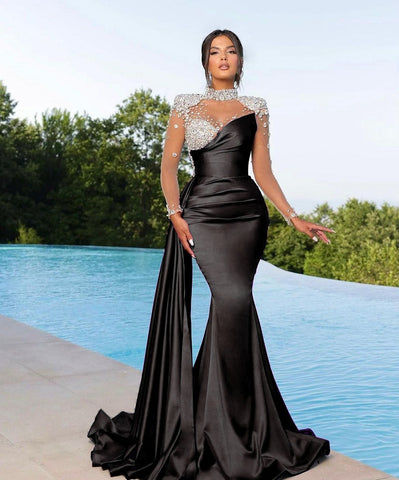 Long Sleeves High Neck Burgundy Mermaid Evening Dress with Trail