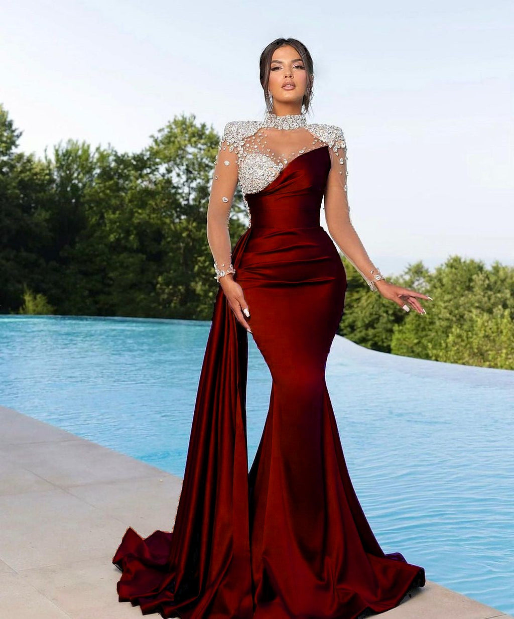 Long Sleeves High Neck Burgundy Mermaid Evening Dress with Trail