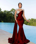Vestido de Noche Largo de Manga Larga Cuello Alto Color Borgoña Estilo Sirena con Cola
