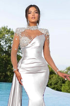 Long Sleeves High Neck Burgundy Mermaid Evening Dress with Trail