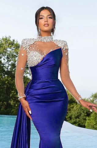 Long Sleeves High Neck Burgundy Mermaid Evening Dress with Trail