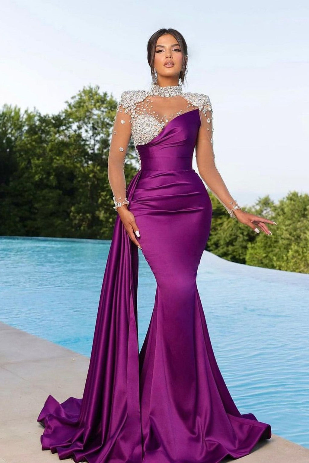 Long Sleeves High Neck Burgundy Mermaid Evening Dress with Trail