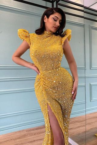 Long Sequined High Neck Beaded Mermaid Prom Dress With Split