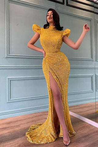 Long Sequined High Neck Beaded Mermaid Prom Dress With Split