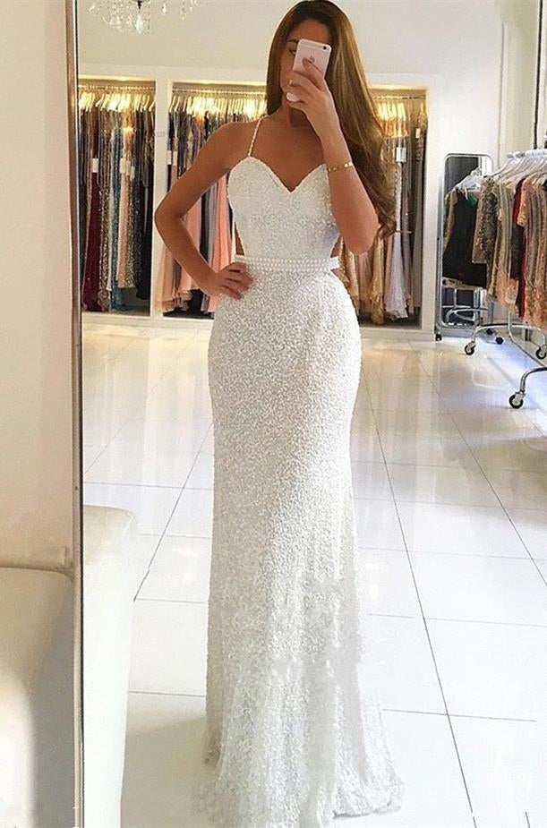 Long Sheath Sweetheart Beading White Prom Dress