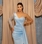 Long Sky Blue One Shoulder Glitter Slit Mermaid Prom Dresses