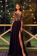Langärmliges, rückenfreies A-Linien-Bateau-Ballkleid aus Chiffon mit Schlitz