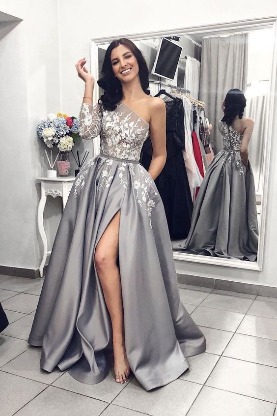 Long Sleeve A-Line One Shoulder Front Slit Prom Dress With Pockets