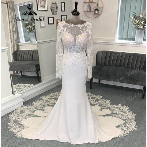 Langarm Spitze Gericht Zug Meerjungfrau/Trompete Hochzeit Kleid für Frauen 2024 Weiche Satin Brautkleid vestido para boda playa sexy 