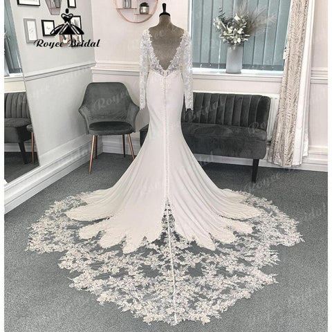 Langarm Spitze Gericht Zug Meerjungfrau/Trompete Hochzeit Kleid für Frauen 2024 Weiche Satin Brautkleid vestido para boda playa sexy 