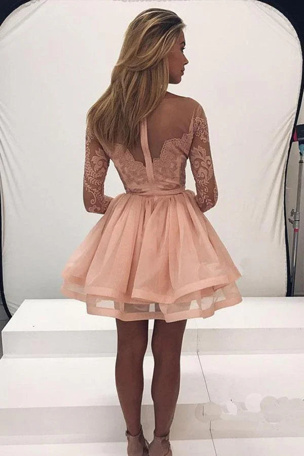 Vestido de Fiesta para el Baile de Bienvenida con Mangas Largas, Encaje, Espalda de Tul y Cremallera PG197
