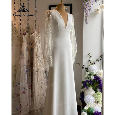 Langarm Spitze Weichen Satin V-ausschnitt Open Back Hochzeit Kleid Frauen 2024 Robe Boheme Femme Chic Braut Empfang Dinner-Party kleid