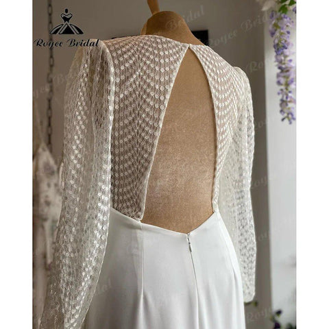 Langarm Spitze Weichen Satin V-ausschnitt Open Back Hochzeit Kleid Frauen 2024 Robe Boheme Femme Chic Braut Empfang Dinner-Party kleid