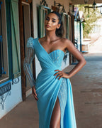 Long Sleeve Mermaid One Shoulder Sequins Satin Prom Dress With Slit