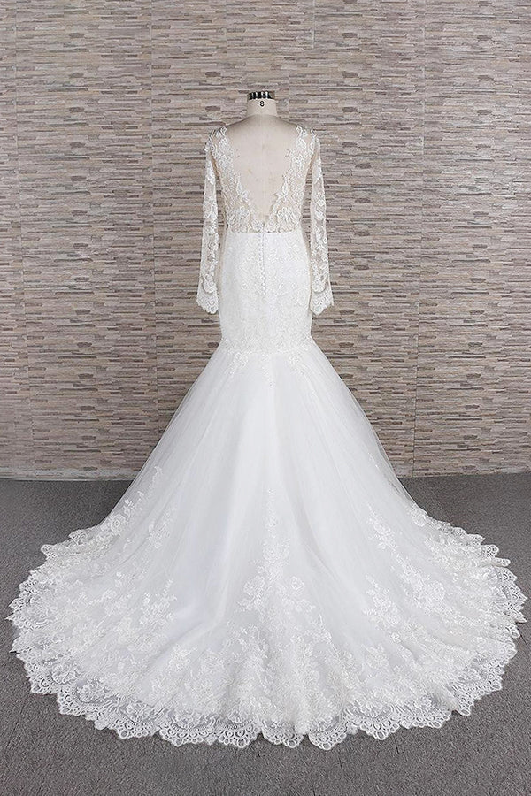 Hochzeitskleid mit langen Ärmeln, Meerjungfrau-Silhouette, Herzausschnitt, Applikationen und spitzenbesetztem rückenfreiem Design