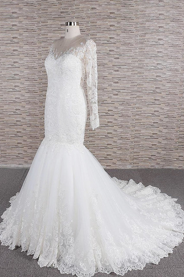 Hochzeitskleid mit langen Ärmeln, Meerjungfrau-Silhouette, Herzausschnitt, Applikationen und spitzenbesetztem rückenfreiem Design