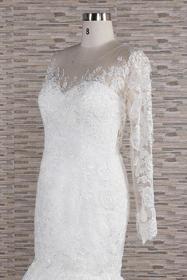 Hochzeitskleid mit langen Ärmeln, Meerjungfrau-Silhouette, Herzausschnitt, Applikationen und spitzenbesetztem rückenfreiem Design
