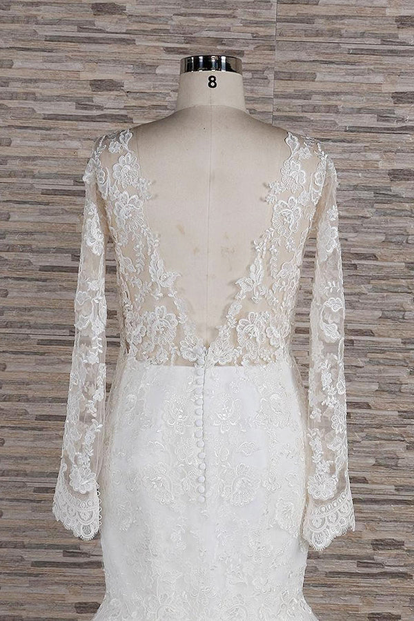 Hochzeitskleid mit langen Ärmeln, Meerjungfrau-Silhouette, Herzausschnitt, Applikationen und spitzenbesetztem rückenfreiem Design