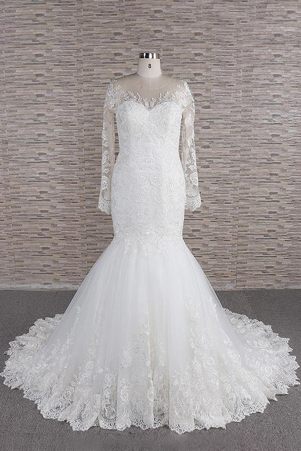Hochzeitskleid mit langen Ärmeln, Meerjungfrau-Silhouette, Herzausschnitt, Applikationen und spitzenbesetztem rückenfreiem Design