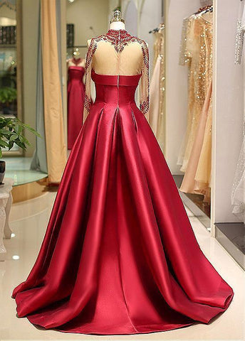 Long Sleeve Prom Dress High Neck Burgundy Long Evening Dress PSK002