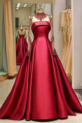Langärmliges Ballkleid mit hohem Halsausschnitt, Burgunderrot, langes Abendkleid PSK002