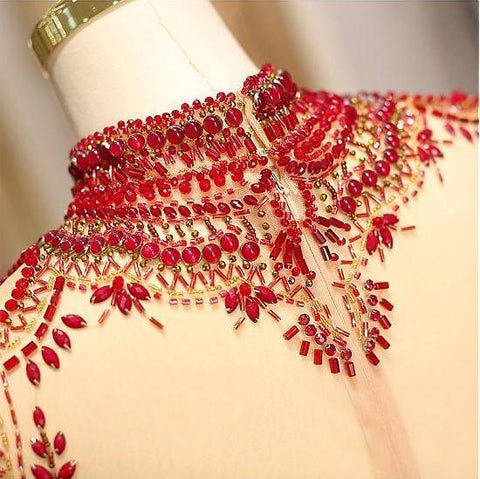 Long Sleeve Prom Dress High Neck Burgundy Long Evening Dress PSK002