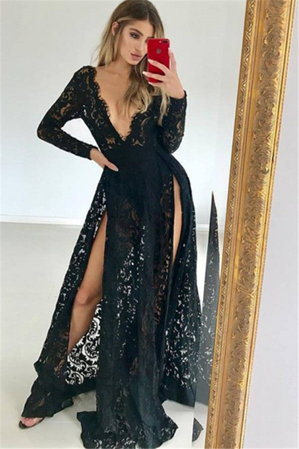 Long Sleeves A-line Deep V-neck Black Lace Prom Dress with Slit