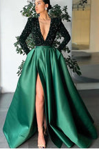 Long Sleeves A-line V-Neck Sequins Satin Prom Dress with Split