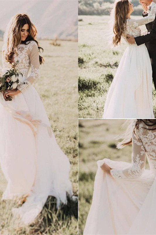Hochzeitskleid mit Applikationen aus Tüll und langen Ärmeln