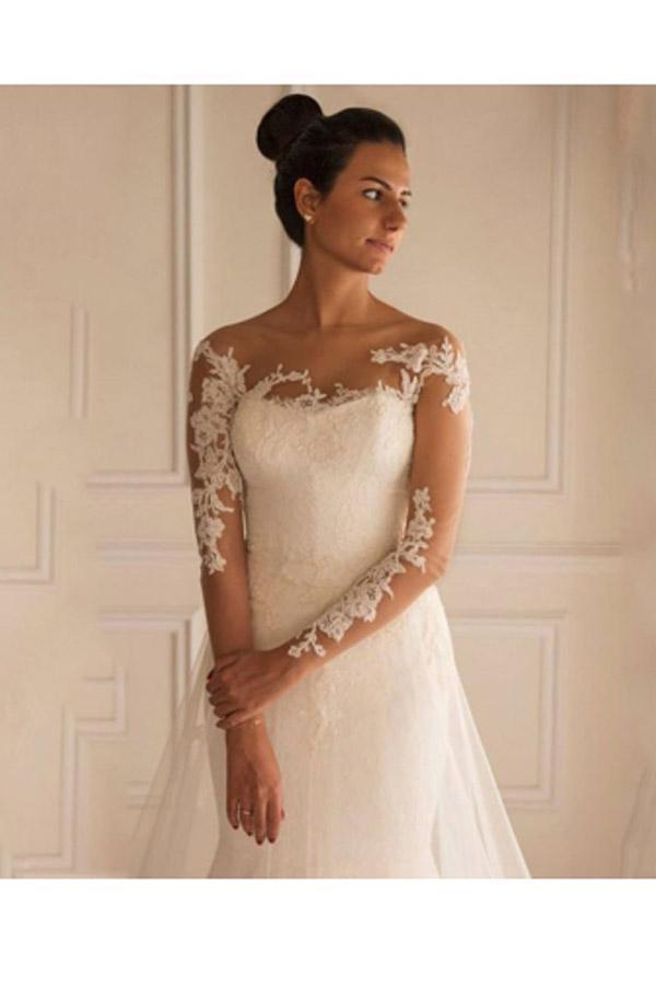 Hochzeitskleid Meerjungfrau mit langen Ärmeln, Applikationen, Knöpfen und bodenlanger Schleppe