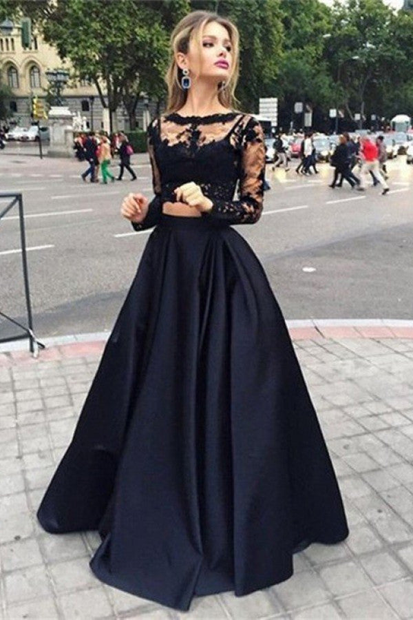 Vestido de baile de duas peças, preto, com mangas compridas, corte A, em cetim e renda