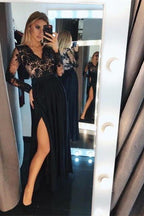 Long Sleeves Black A-line V-neck Satin Lace Prom Dress with Split