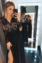 Long Sleeves Black A-line V-neck Satin Lace Prom Dress with Split