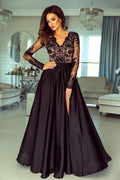 Vestido de fiesta largo de satén con encaje, cuello en V, manga larga, corte en A y abertura, color negro