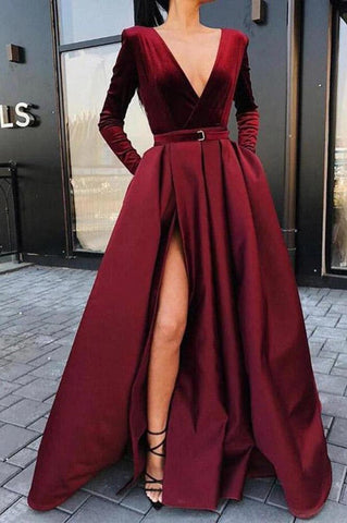 Long Sleeves Burgundy A-line V-neck Satin Front Slit Prom Dress with Pockets