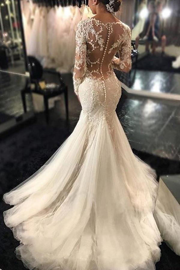 Langarmiges Court Train Elfenbein-Hochzeitskleid mit Spitzenapplikationen