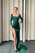 Long Sleeves Dark Green Mermaid Satin Evening Dress with Split