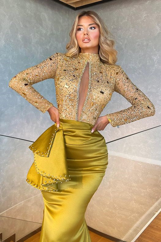 Long Sleeves High Neck Mermaid Long Prom Dress with Beadings