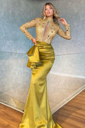 Vestido Largo de Gala Tipo Sirena con Cuello Alto, Mangas Largas y Abalorios