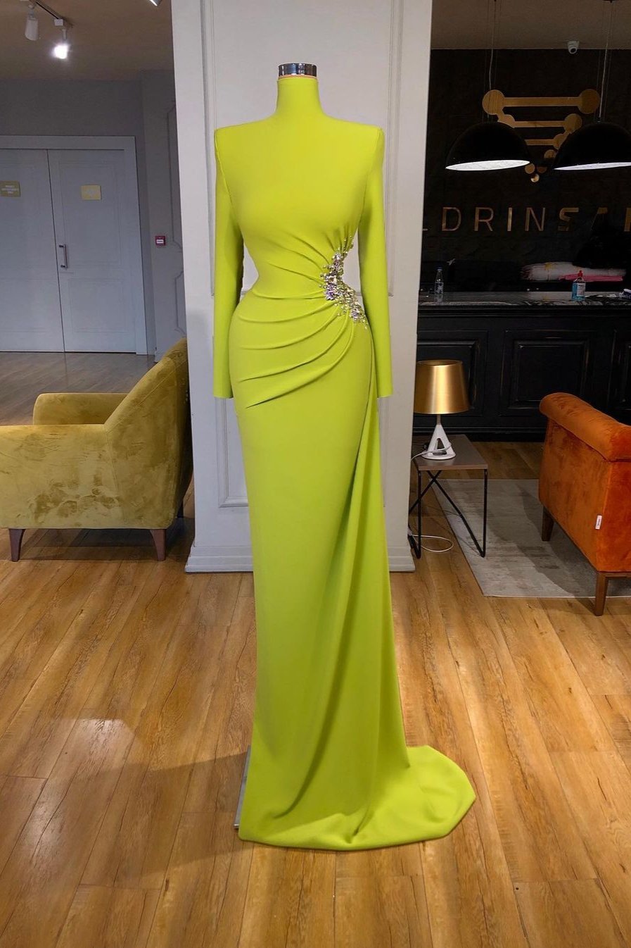 Long Sleeves High Neck Mermaid Satin Evening Dress