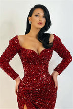 Long Sleeves Mermaid Burgundy Sequin Evening Dress with Split