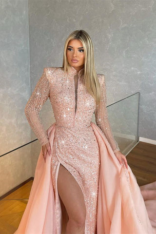 Long Sleeves Mermaid High Neck Sequins Prom Dresses with Slit