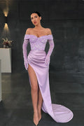 Lungo Maniche Mermaid Off the shoulder Satin Paillettes Abito da Ballo Con Spacco